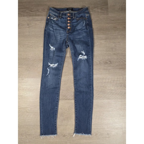 Judy Blue Mid Rise‎ Jean Women 7/28 Skinny Fit Button Up Fly Distressed Unhemmed - Picture 3 of 9